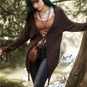 Brown Fairycore Tie Front Knit Cardigan